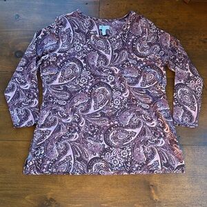 Denim & Co XL Tee Mauve Paisley 3/4 Sleeve Crew Neck Pullover